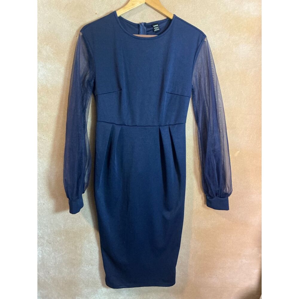 SHEIN‎ Navy Blue Sheer Sleeve Sheath Midi Dress Women's Size Medium
